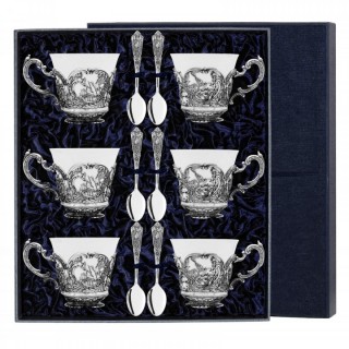 Фарфоровый чайный набор на 6 персон с серебром Королевская охота на 200мл