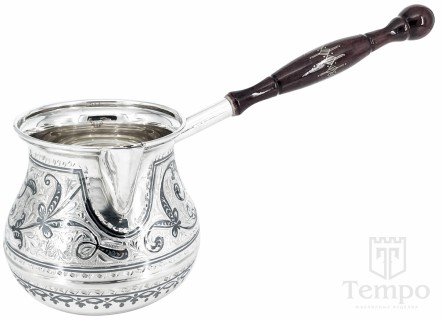 Серебряная турка с широкой чашей и с унцукульской ручкой «Восток» на 400 мл