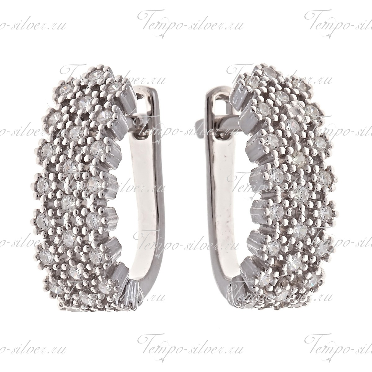 Серьги из серебра с тремя рядами белых камней на зубчиках-ежиках цена