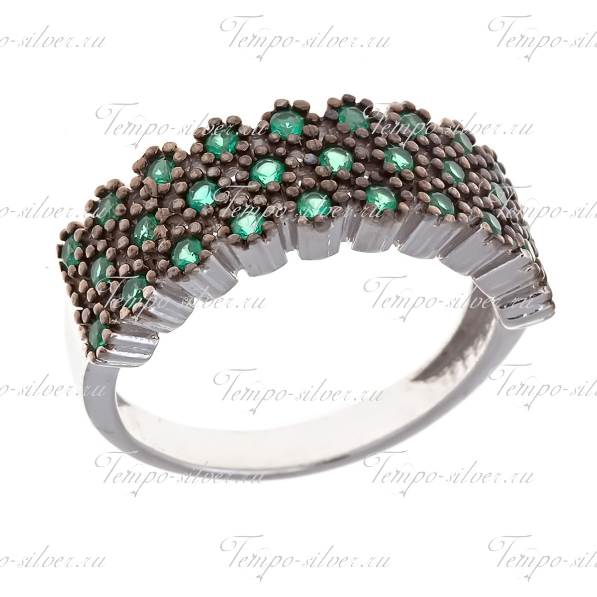 Кольцо из серебра с тремя рядами зеленых камней на зубчиках-ежиках цена