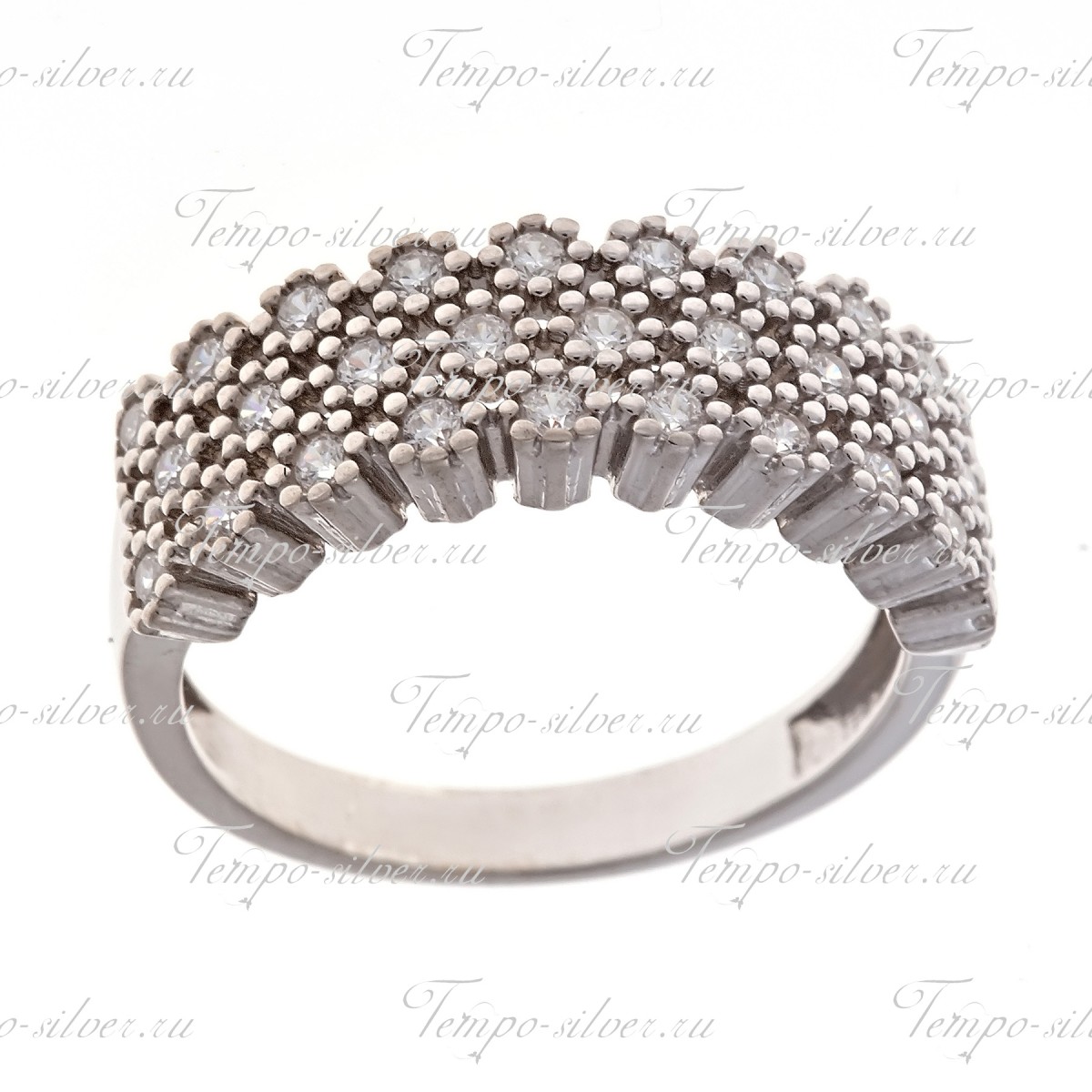Кольцо из серебра с тремя рядами белых камней на зубчиках-ежиках цена
