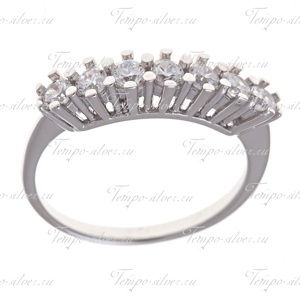 Кольцо из серебра Дорожка с семью камнями на высоких зубчиках цена