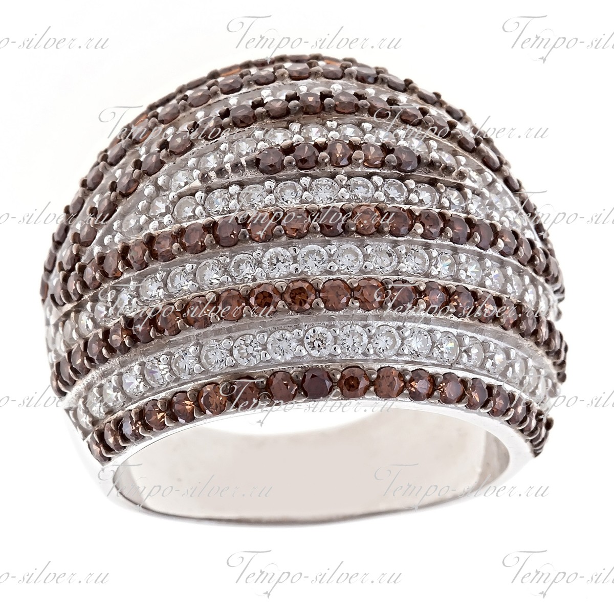 Кольцо из серебра с чередующимися рядами из белых и коричневых камней цена