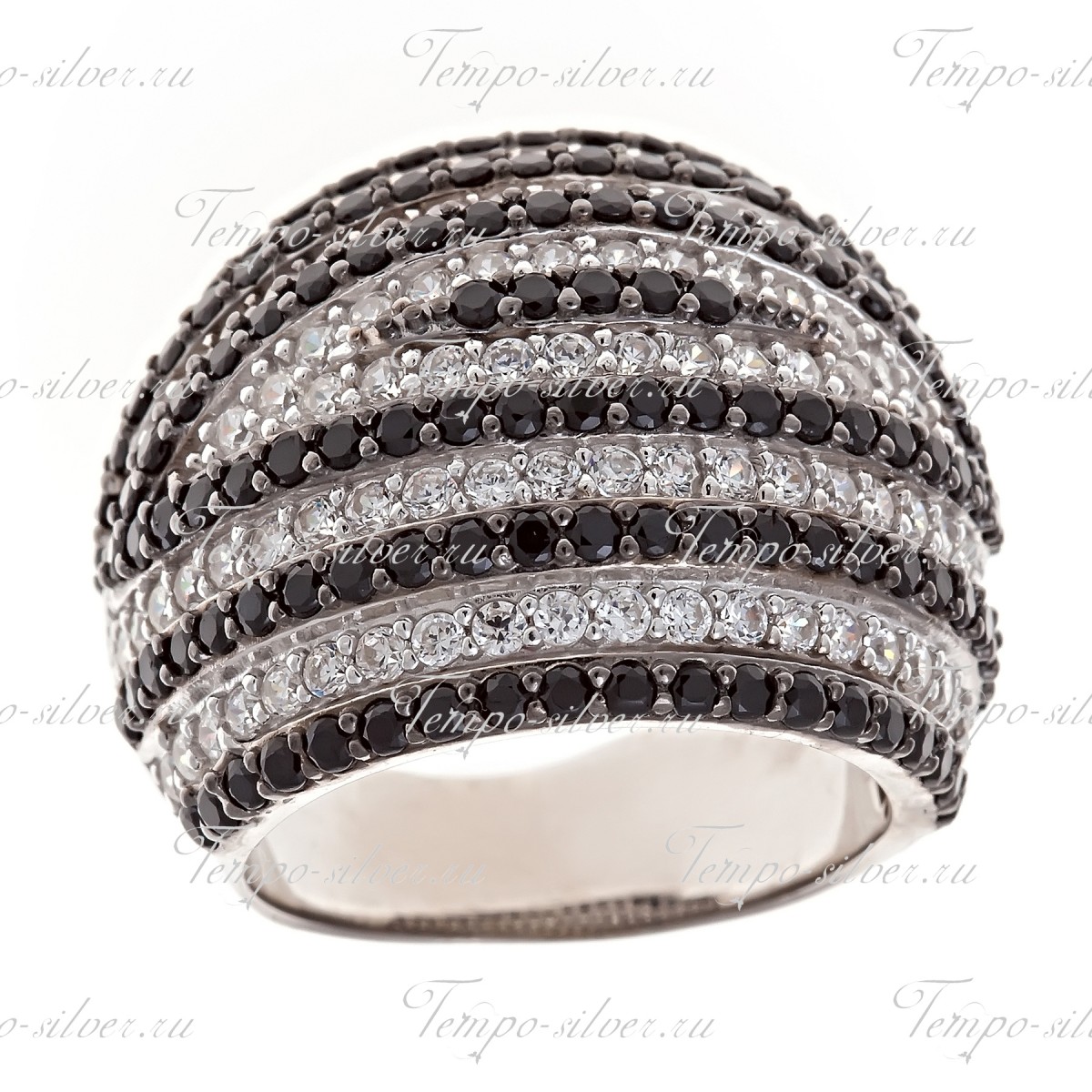 Кольцо из серебра с чередующимися рядами из белых и черных камней цена