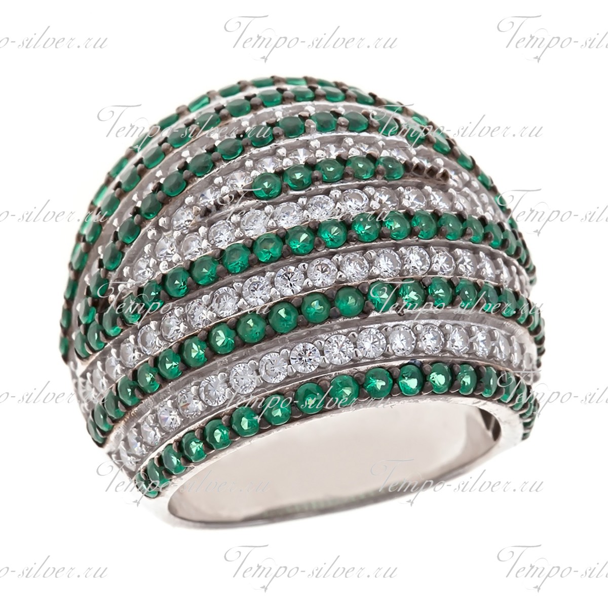 Кольцо из серебра с чередующимися рядами из зеленых и белых камней цена