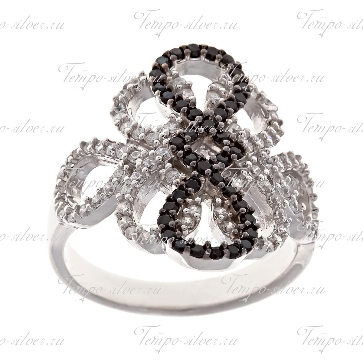 Кольцо серебряное ажурное с черно-белыми куб.цирконами