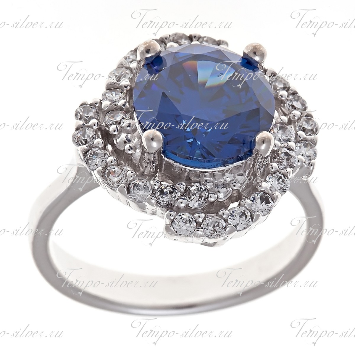 Кольцо из серебра с крупным синим камнем в центре композиции в виде цветка цена
