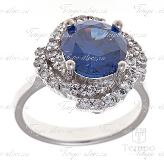 Кольцо из серебра с крупным синим камнем в центре композиции в виде цветка