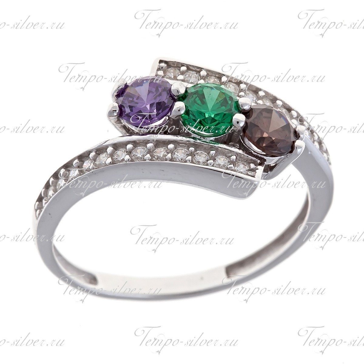 Кольцо из серебра с тремя цветными камнями между рядами из россыпи белых цирконий цена