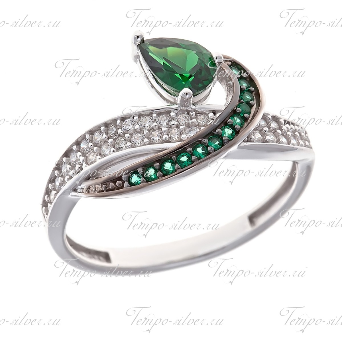 Кольцо из серебра с крупным зеленым камнем и россыпью бело-зеленых цирконий цена