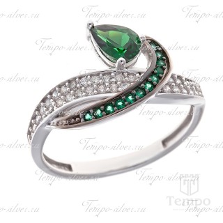 Кольцо из серебра с крупным зеленым камнем и россыпью бело-зеленых цирконий