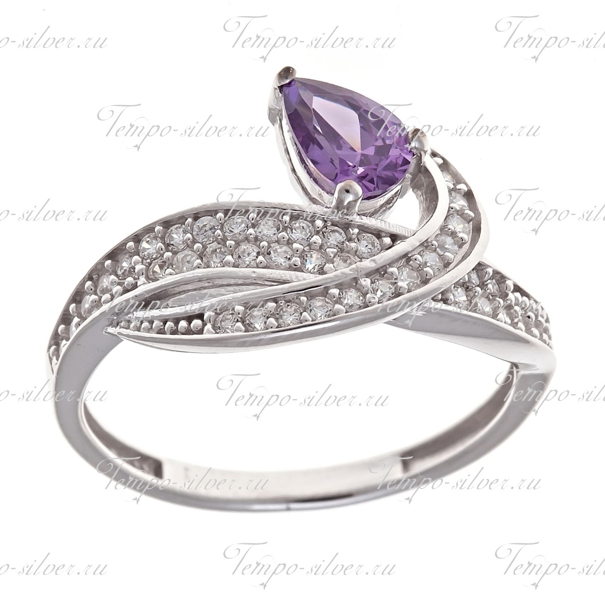 Кольцо с крупным фиолетовым камнем и россыпью белых цирконий цена