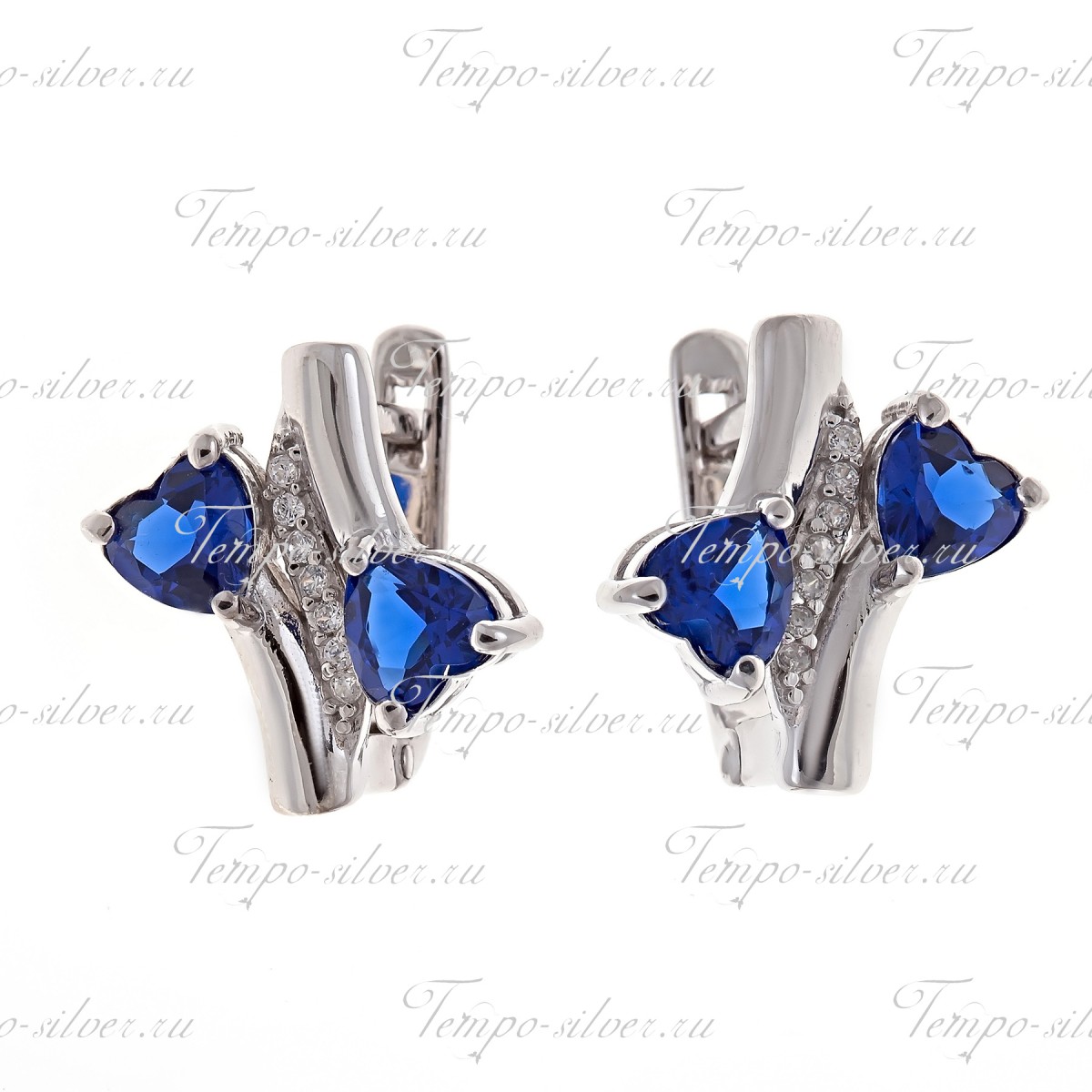 Серьги серебряные с двумя синими камнями в форме сердца