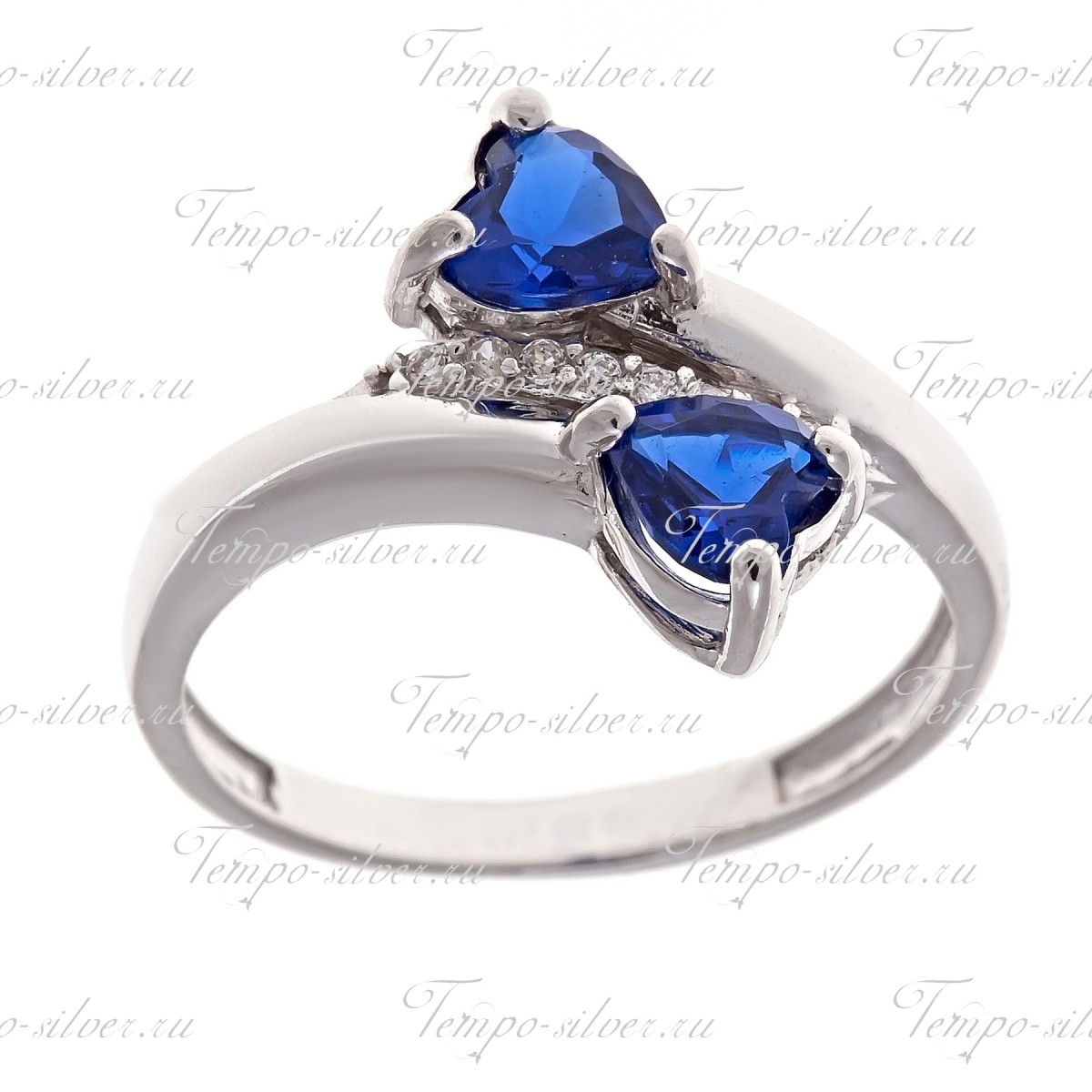 Кольцо серебряное с двумя синими камнями в форме сердца цена