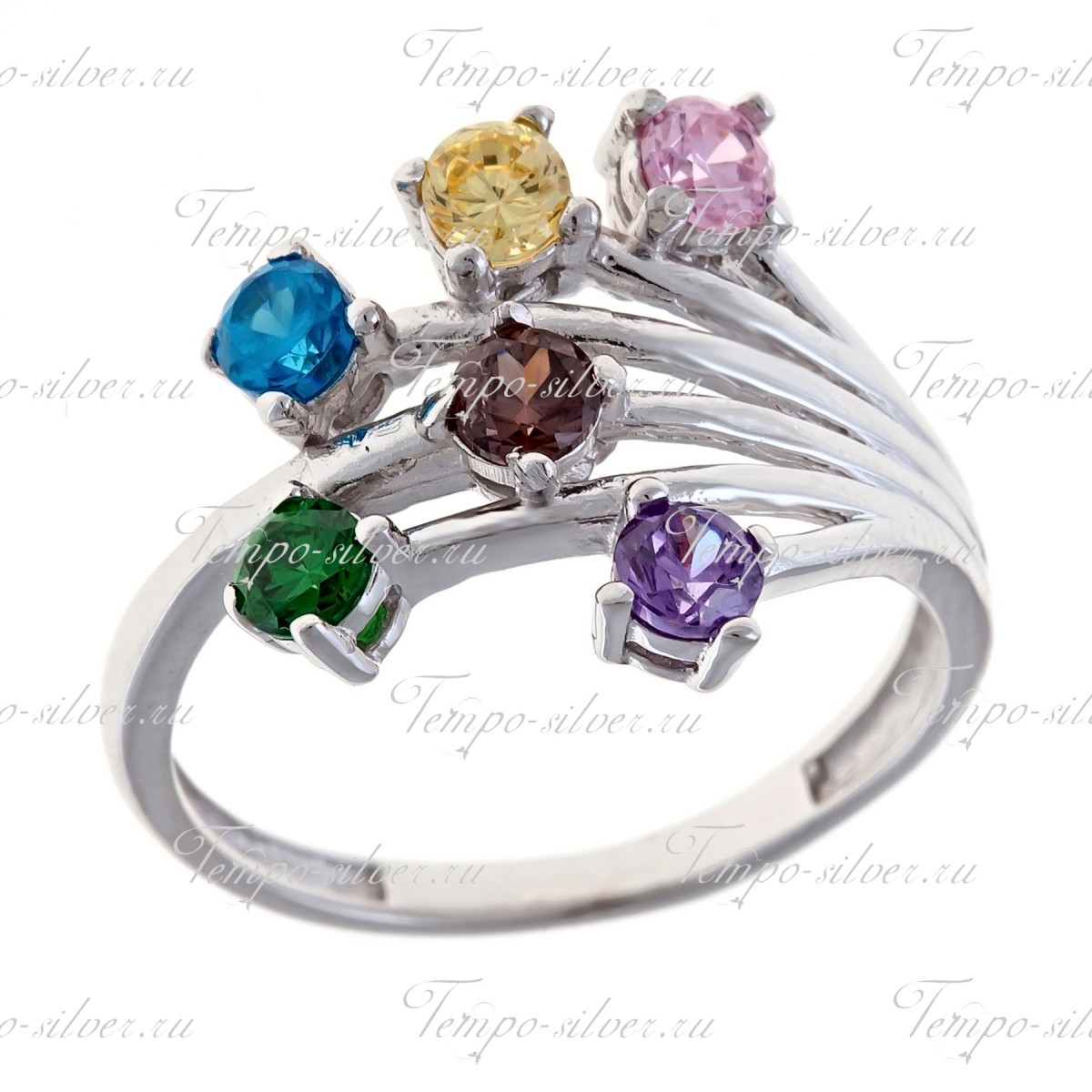 Кольцо из серебра с шестью цветными камнями на кончиках разветвляющихся линий