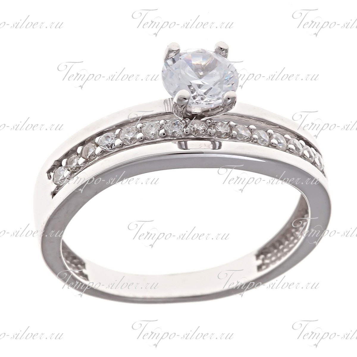 Кольцо из серебра с дорожкой из белых камней и крупным камнем по центру цена