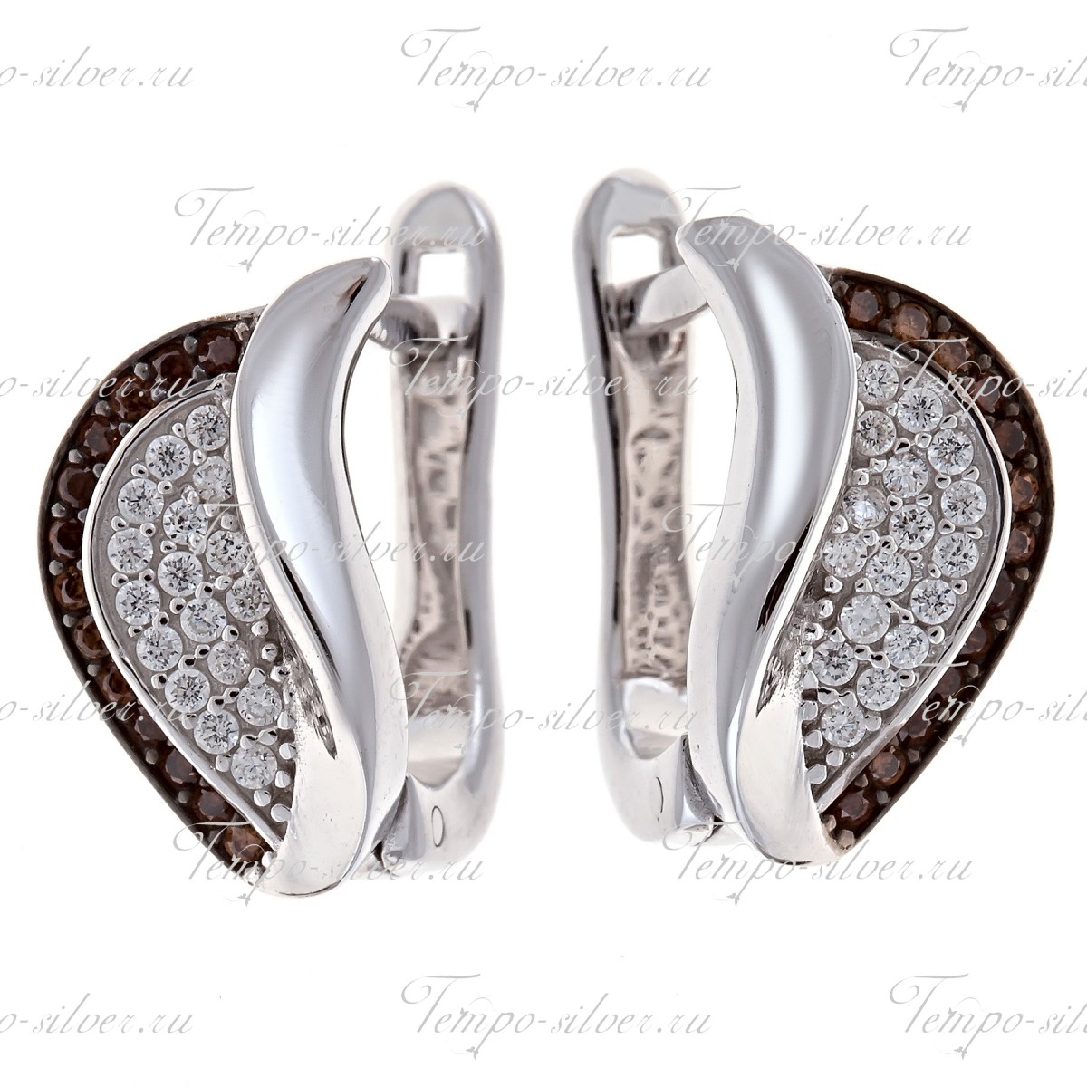 Серьги серебряные полукруглой формы с белыми и коричневыми камнями