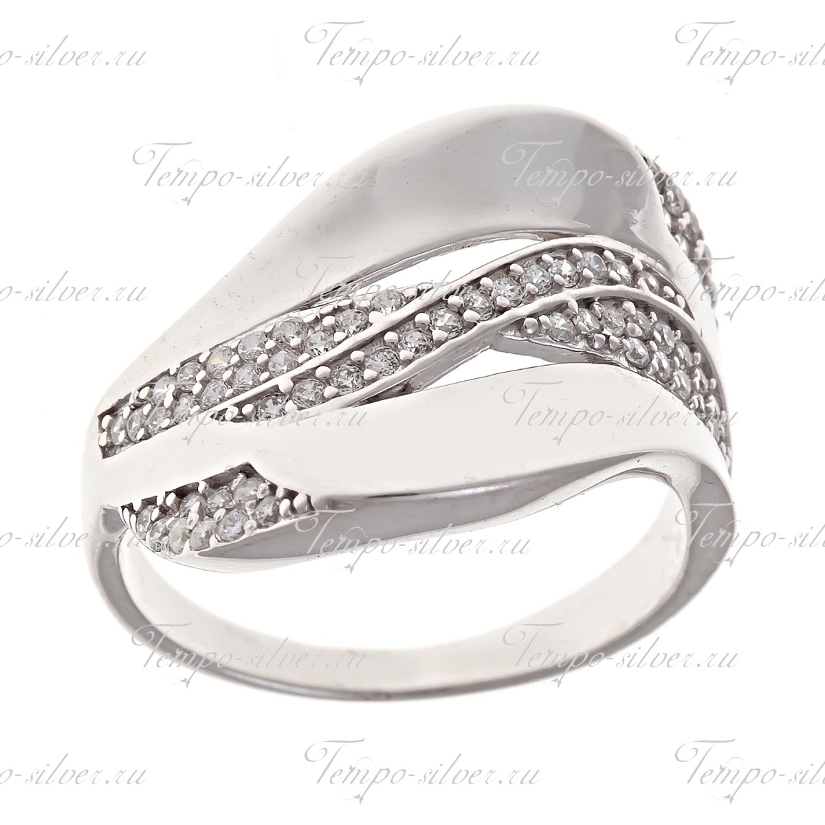 Кольцо из серебра с перекрещенными дорожками из белых камней в центре шинки цена
