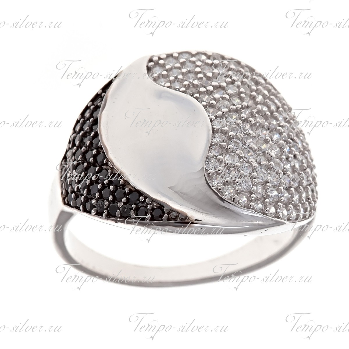 Кольцо из серебра широкой выпуклой формы с черно- белыми камнями по всей поверхности цена