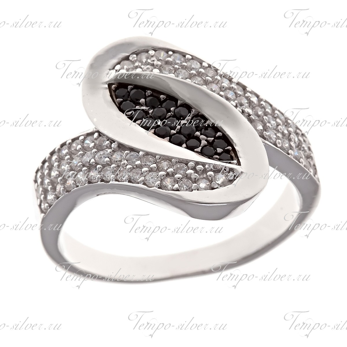 Кольцо из серебра зигзагообразной формы с черно-белыми камнями цена