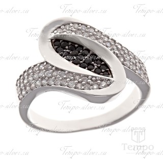 Кольцо из серебра зигзагообразной формы с черно-белыми камнями