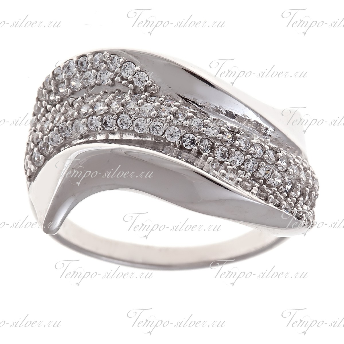 Кольцо из серебра несимметричной формы с дорожкой из белых камней по центру цена