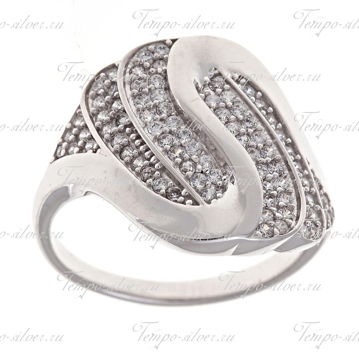 Кольцо из серебра с волнообразными дорожками из белых камней цена