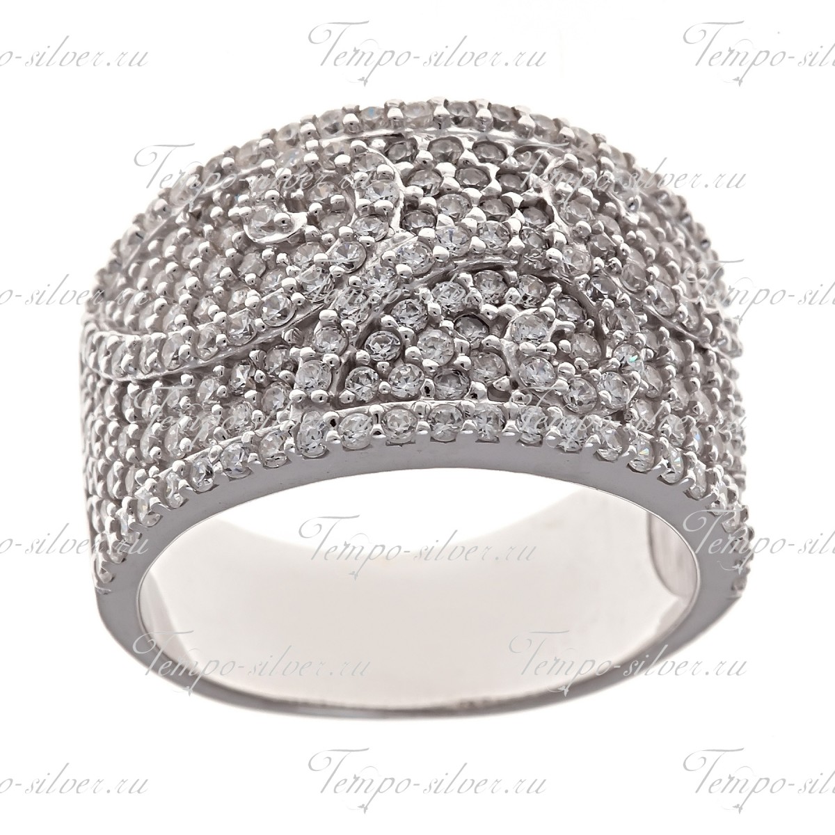 Кольцо из серебра широкой формы с узором из белых камней цена
