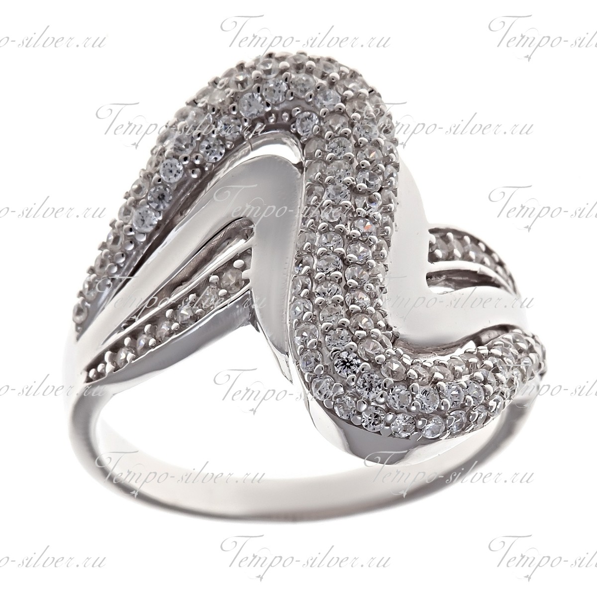 Кольцо из серебра зигзагообразной формы с белыми камнями