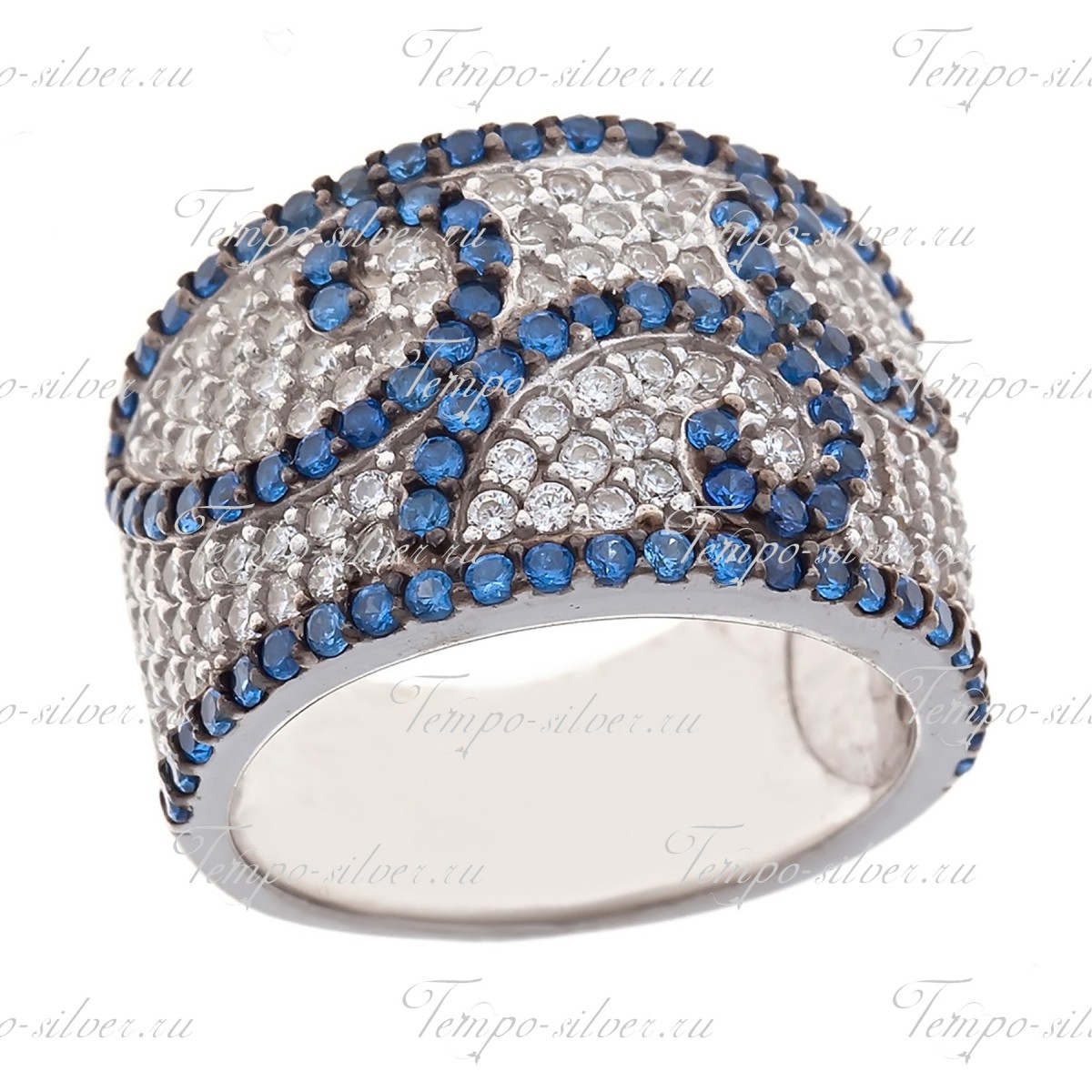 Кольцо из серебра широкой формы с узором из белых и синих камней