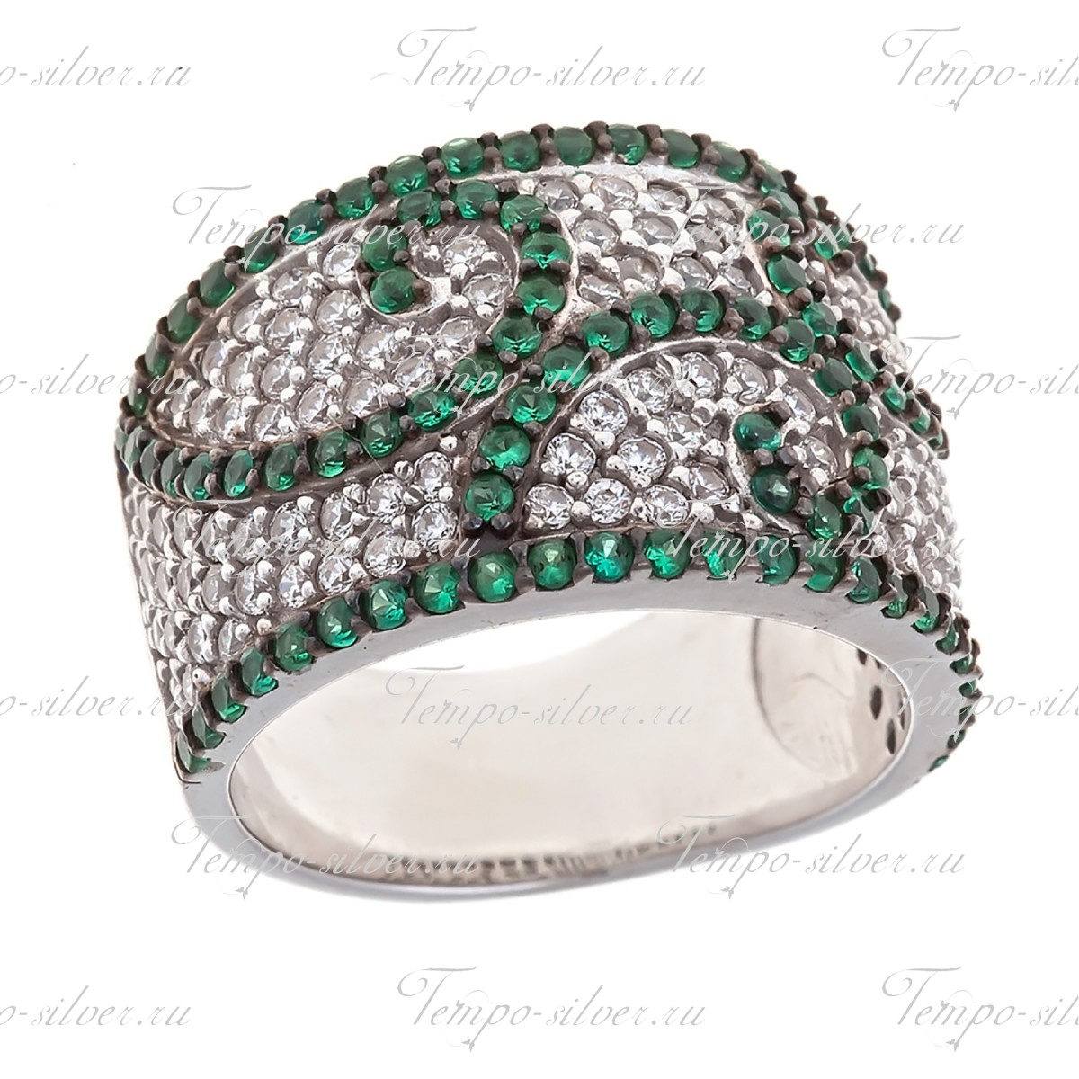 Кольцо из серебра широкой формы с узором из белых и зеленых камней цена