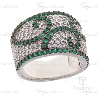 Кольцо из серебра широкой формы с узором из белых и зеленых камней