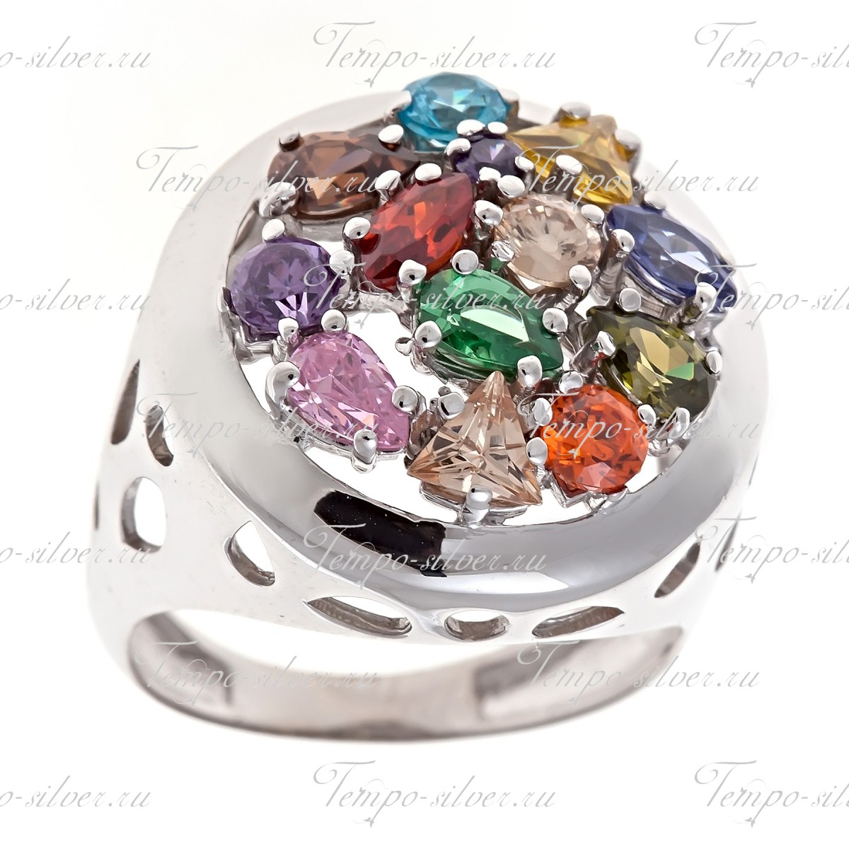 Кольцо из серебра круглой формы с цветными камнями