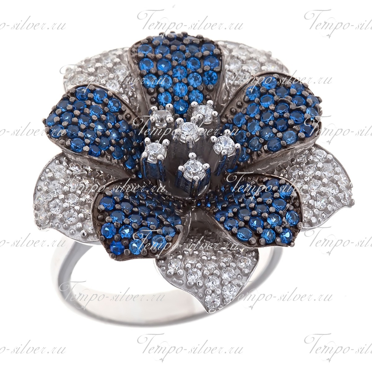 Кольцо из серебра Орхидея с синими и белыми цирконами