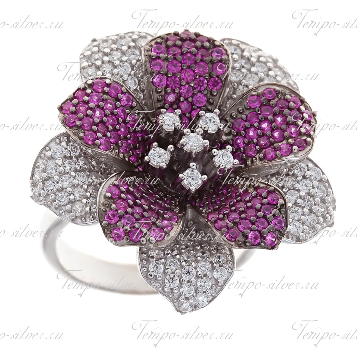 Кольцо из серебра Орхидея с розовыми и белыми цирконами