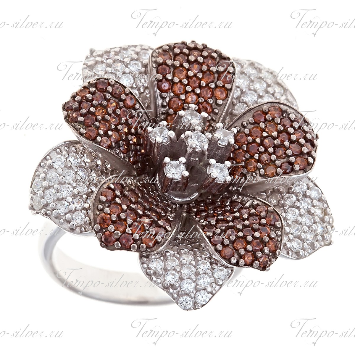 Кольцо из серебра Орхидея с розовыми и коричневыми цирконами цена