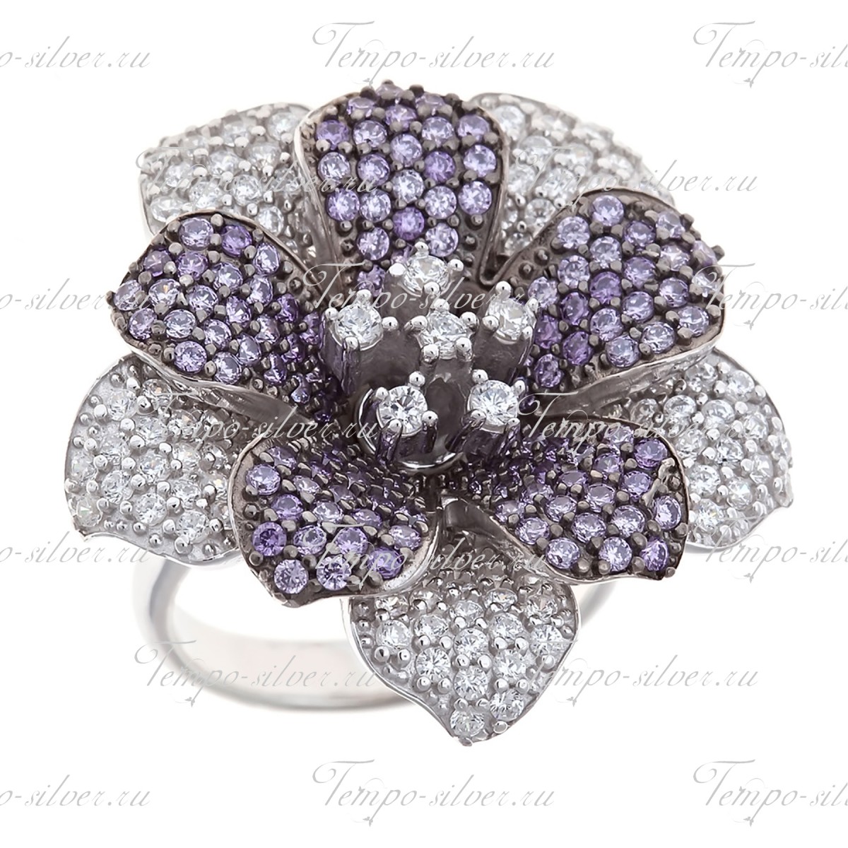 Кольцо из серебра Орхидея с искусственными аметистами цена