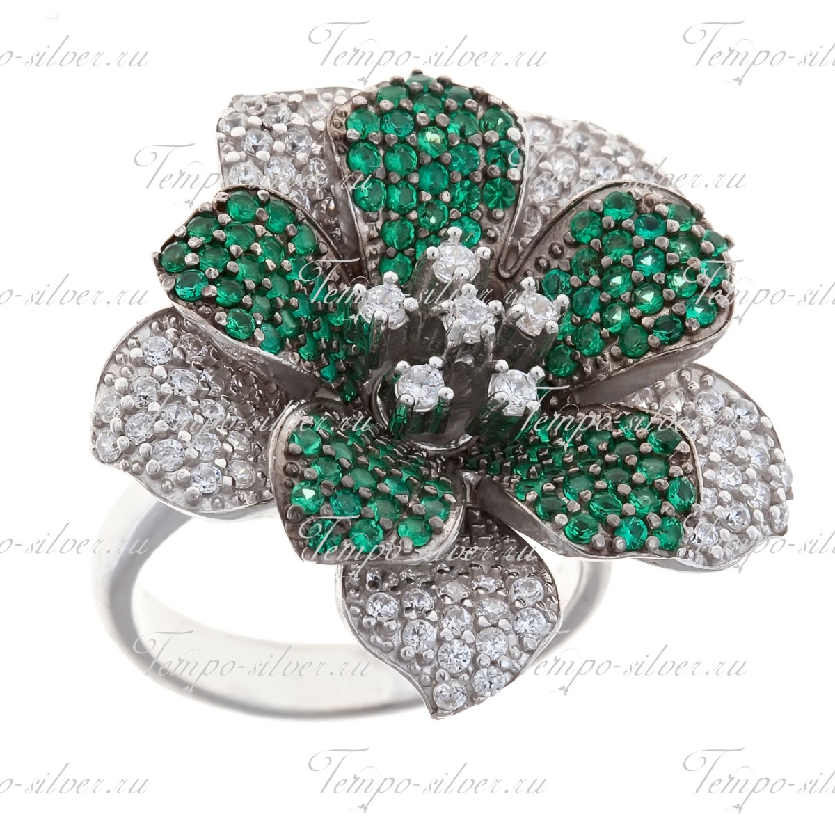 Кольцо из серебра Орхидея с белыми и зелеными цирконами цена