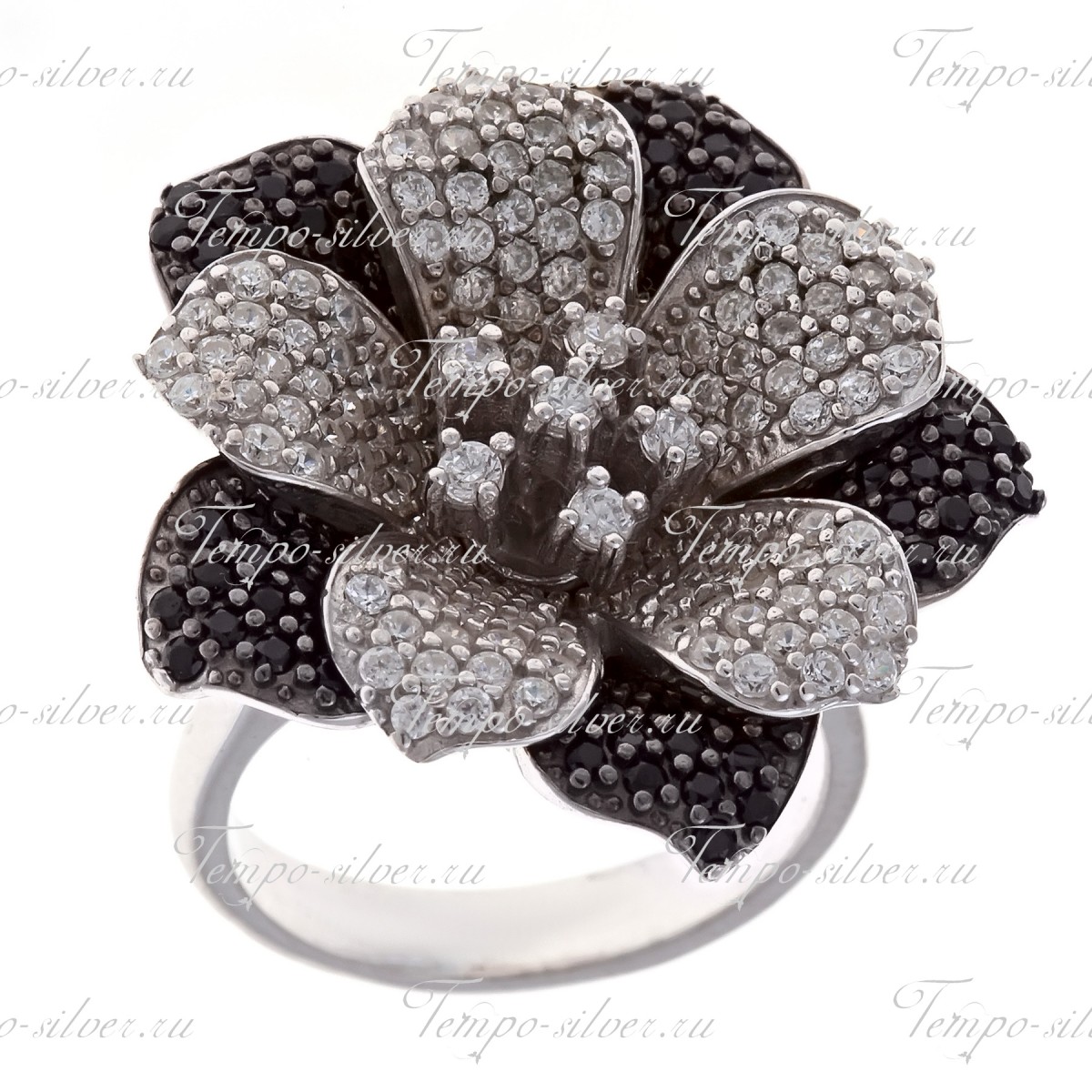 Кольцо из серебра Орхидея с белыми и черными цирконами цена