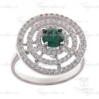 Кольцо серебряное круглой формы с зелено-белыми камнями