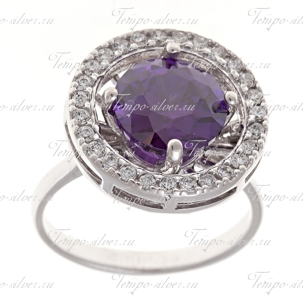 Кольцо серебряное круглой формы с белыми и фиолетовыми камнями