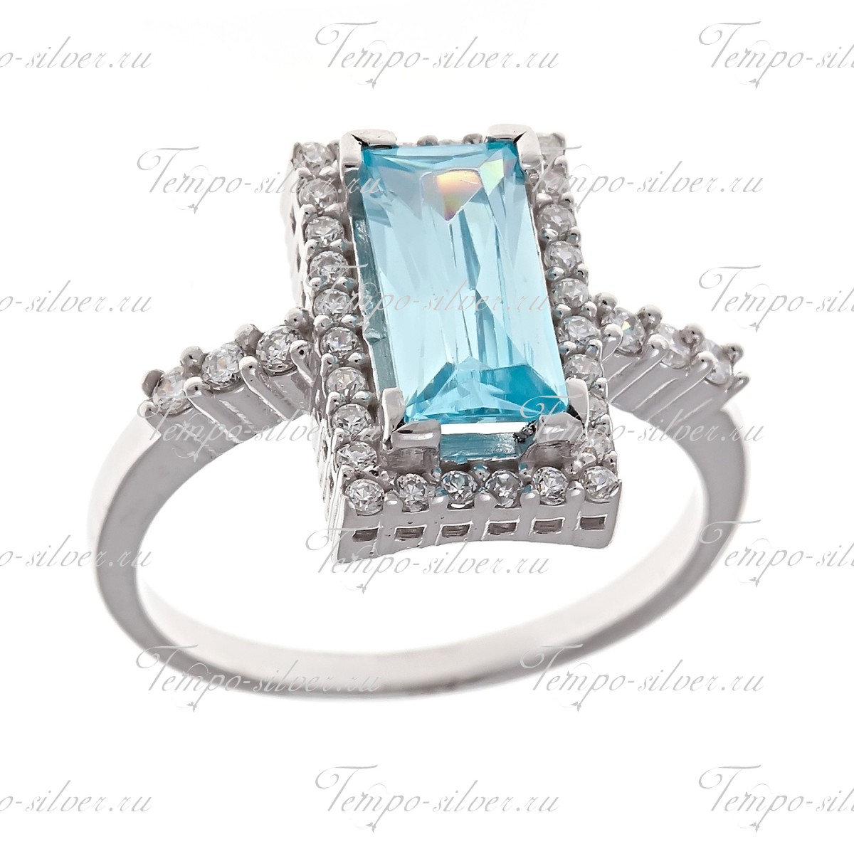 Кольцо из серебра с прямоугольным голубым камнем цена