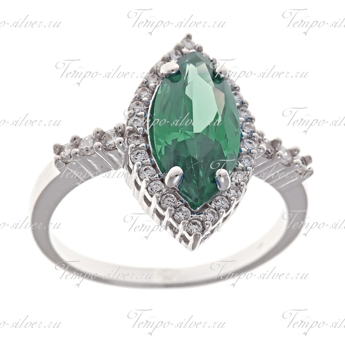 Кольцо из серебра с заостренным овальным зеленым камнем цена