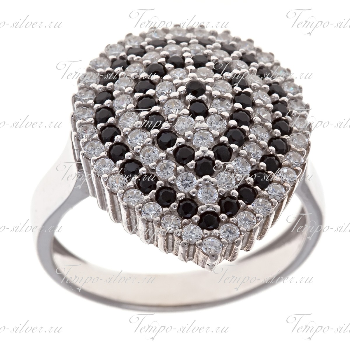 Кольцо из серебра каплевидной формы с чередующимися черно-белыми рядами цена