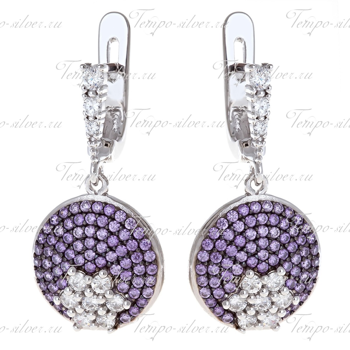 Серьги из серебра круглой формы с белым цветком на фиолетовом фоне цена