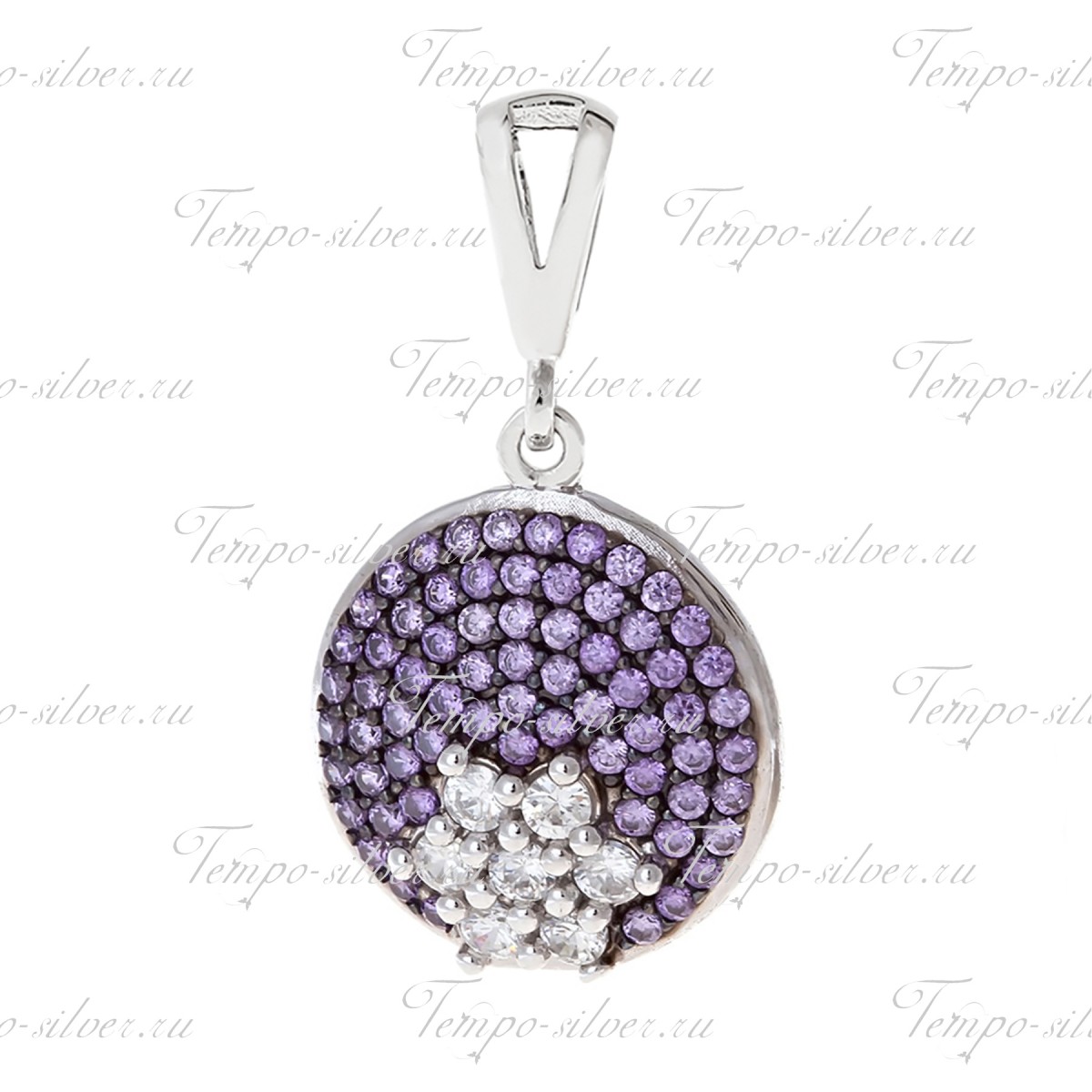 Подвеска из серебра круглой формы с цветком из белых камней на фиолетовом фоне цена