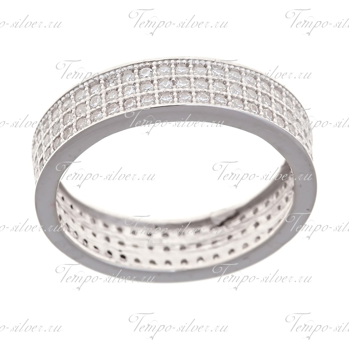 Кольцо из серебра обручального типа, полностью усыпанное белыми цирконами