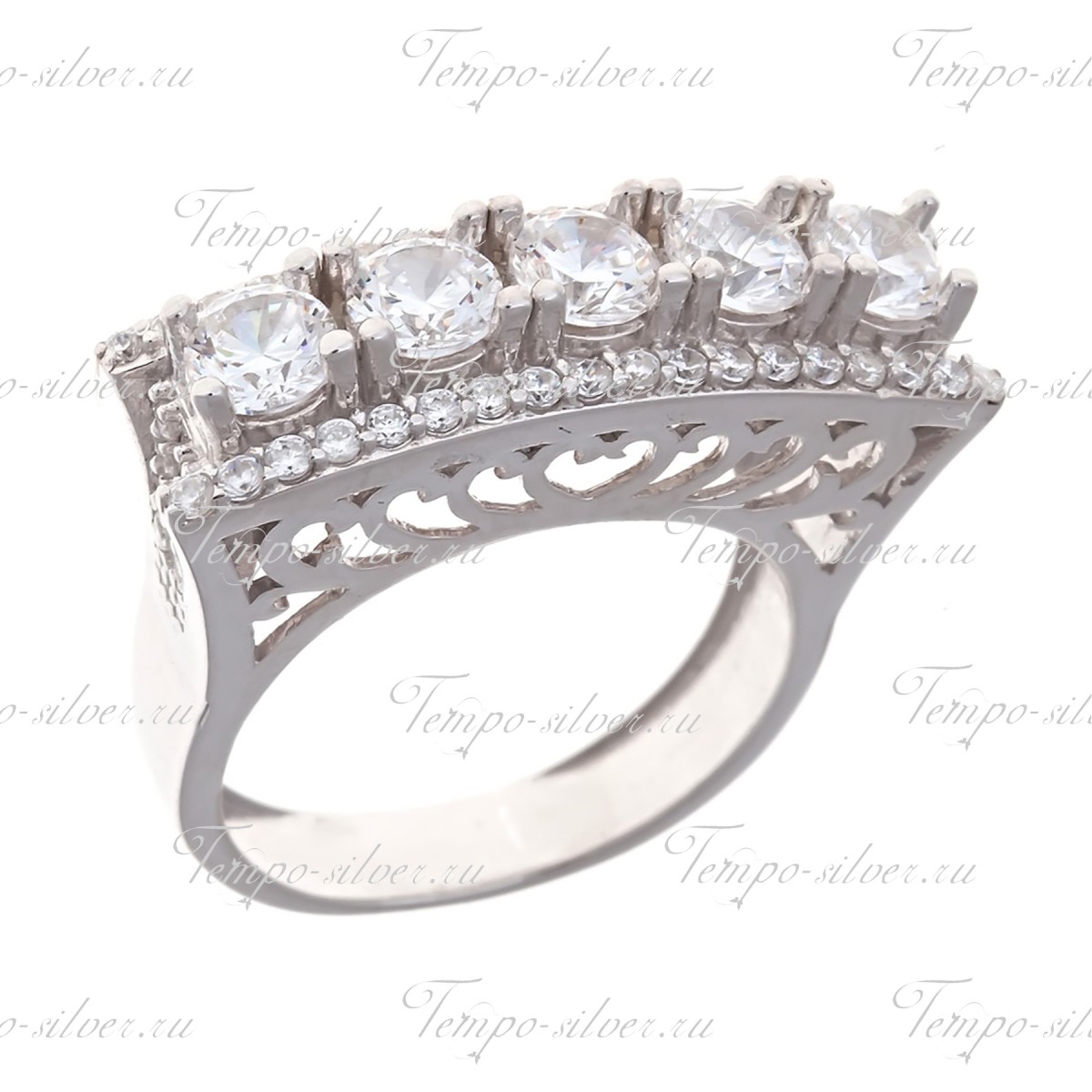 Кольцо из серебра Дорожка с белыми камнями на декоративной шинке
