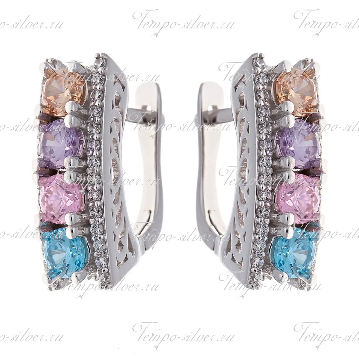 Серьги из серебра Дорожка с цветными камнями на декоративной шинке цена