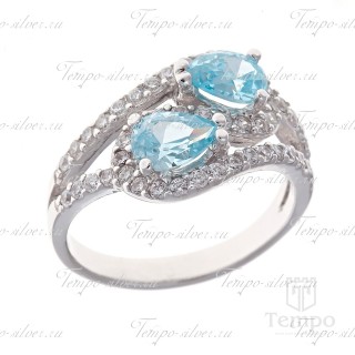 Кольцо из серебра с двумя голубыми каплевидными камнями на декоративной шинке
